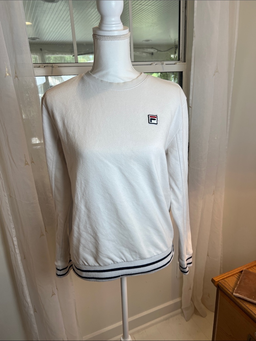 Fila White Crewneck Sweater with Navy Trim and Small Logo